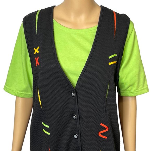RARE‎ Vintage Blast Petites Women's M PM 1-Piece Green Black Blouse Vest Combo - Picture 3 of 12
